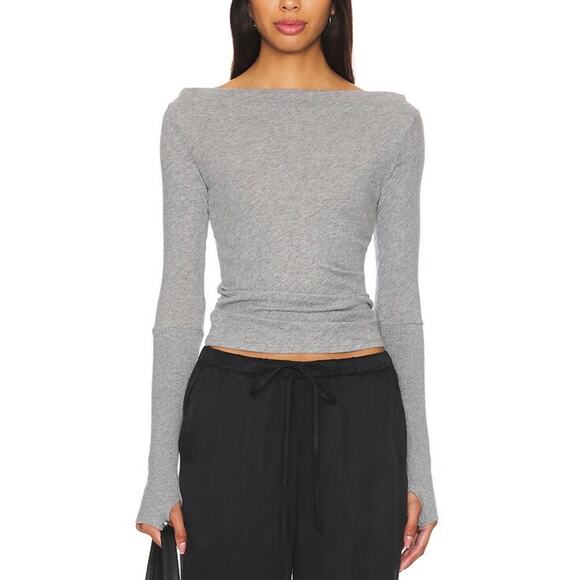 ENZA COSTA Cashmere Boatneck Top Women Medium Smoke Gray Heather Long Sleeve NEW - Picture 1 of 15